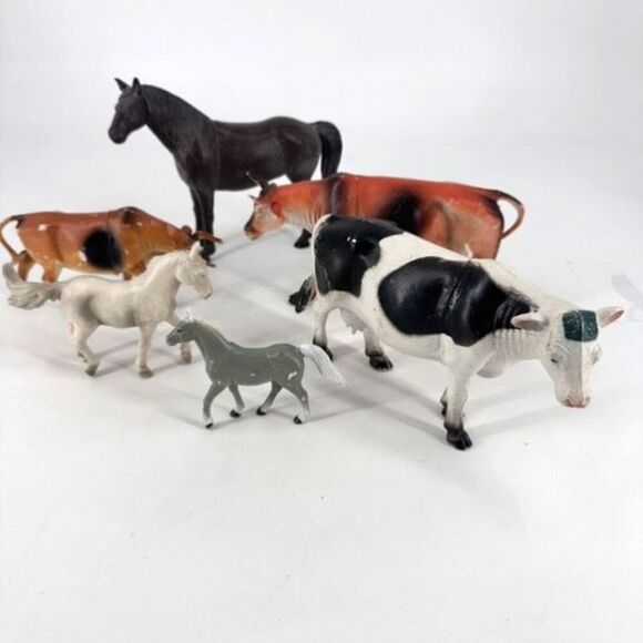 Vintage 1980s IMPERIAL Horse Dark Brown Cows Bull Figures Group of 6 Barn Animal - Picture 16 of 16